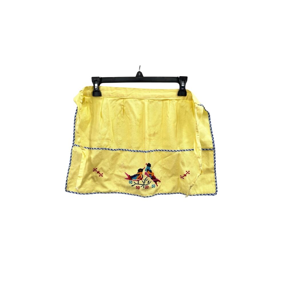 Vintage Yellow Childrens Waist Apron Tie Waist Pockets Colorful Bird Embroidery